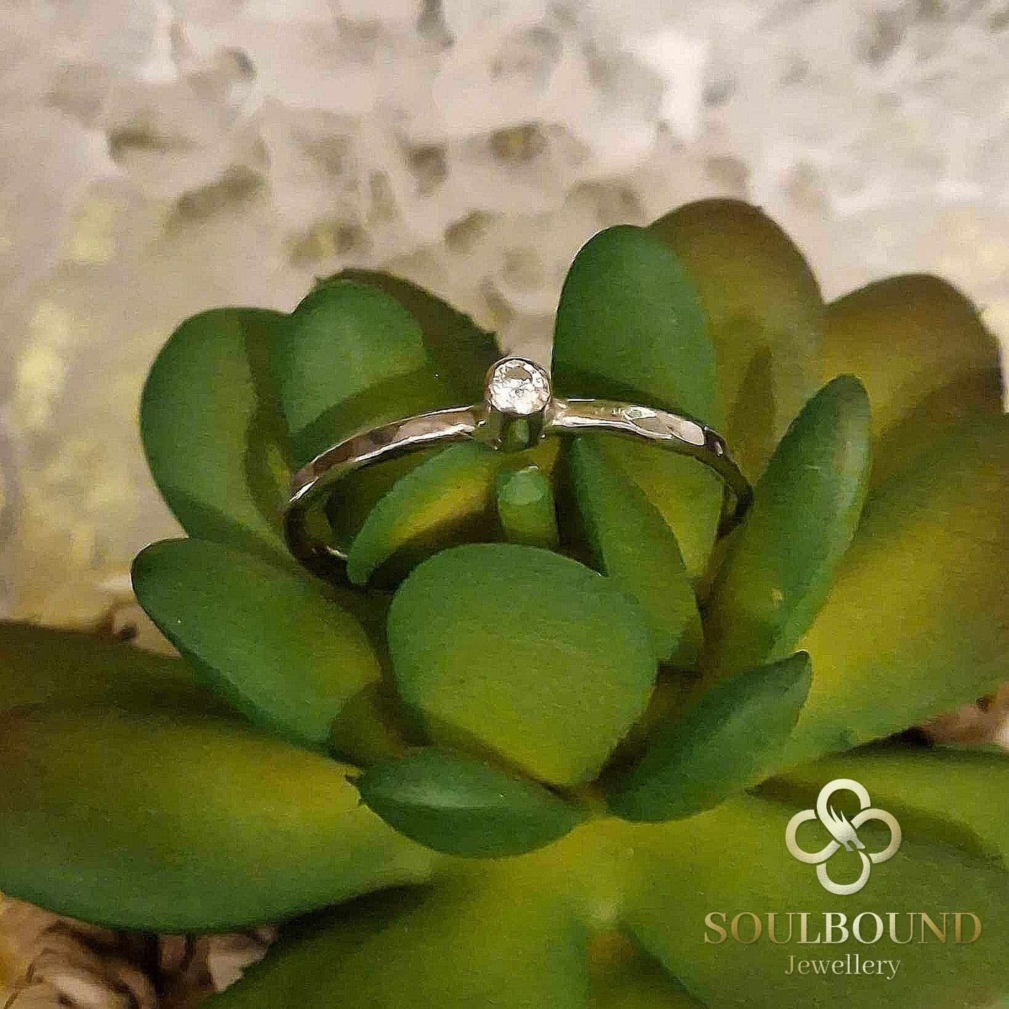 Hammered Sterling Silver Ring with Clear Cubic Zirconia