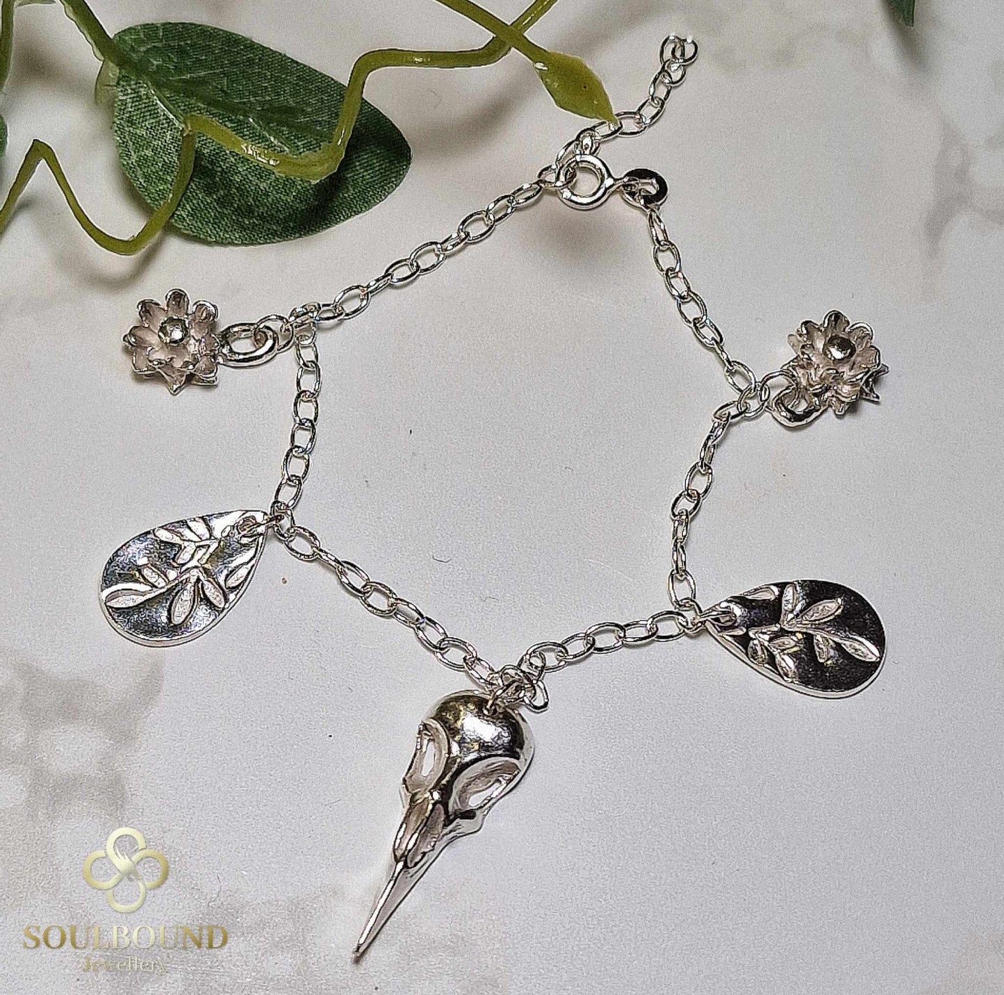 Fine Silver Corvid Skull Charm Bracelet