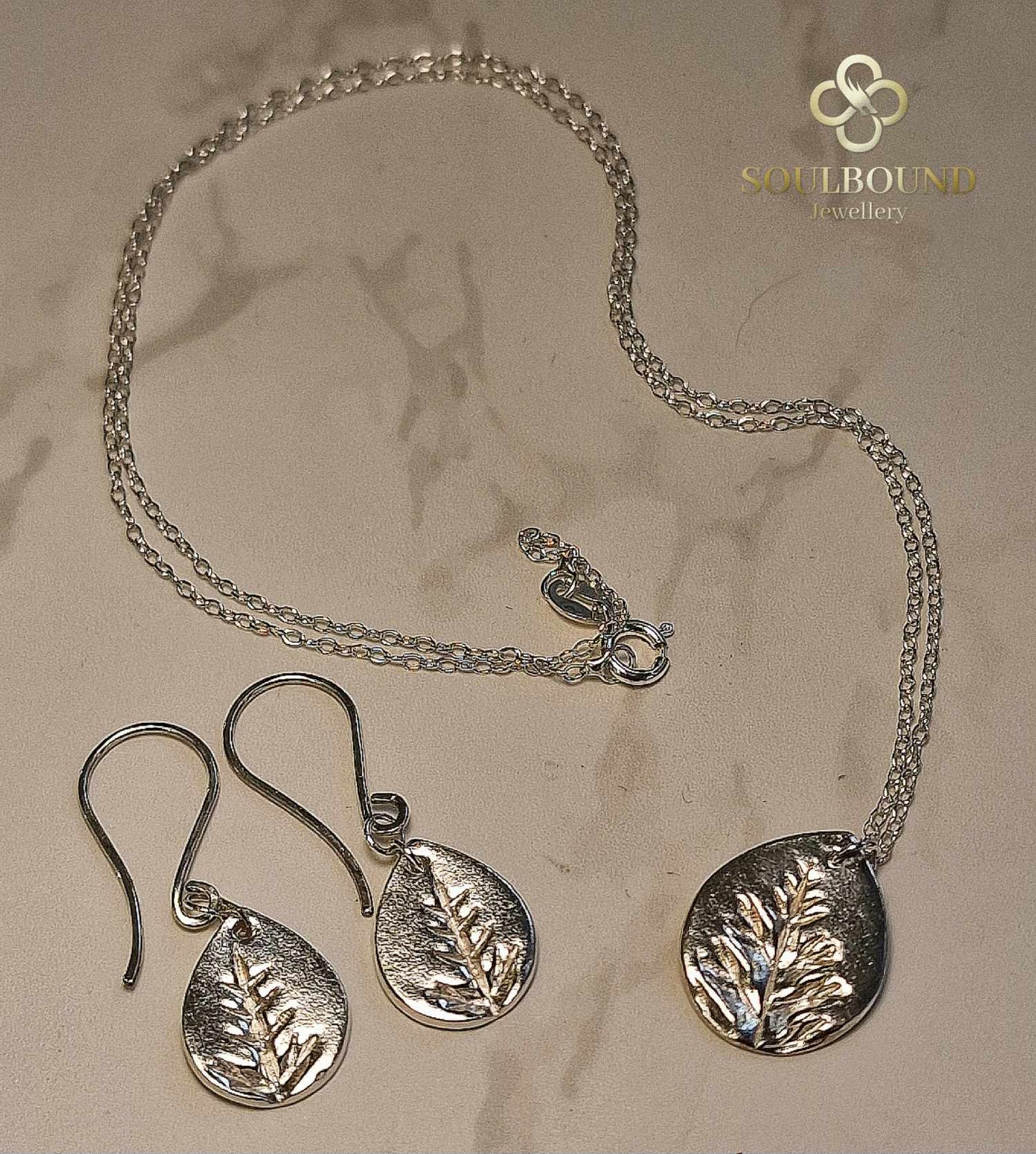 Fine Silver Fern Teardrop Necklace and Earings